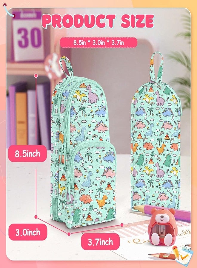 Dravina Canvas Large Capacity Pencil Pouch with 3 Zippers & 5 Compartments| Aesthetic Stationary Standing Pencil Case| Waterproof School Box for Girls & Boys Unicorn Pencil Box (Green Dinosaur) - Image 2